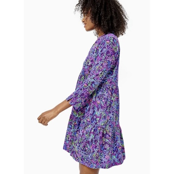 Lilly Pulitzer Alaina Dress Size L Colony Purple Berry Tiered Long Sleeve Preppy - Picture 3 of 16